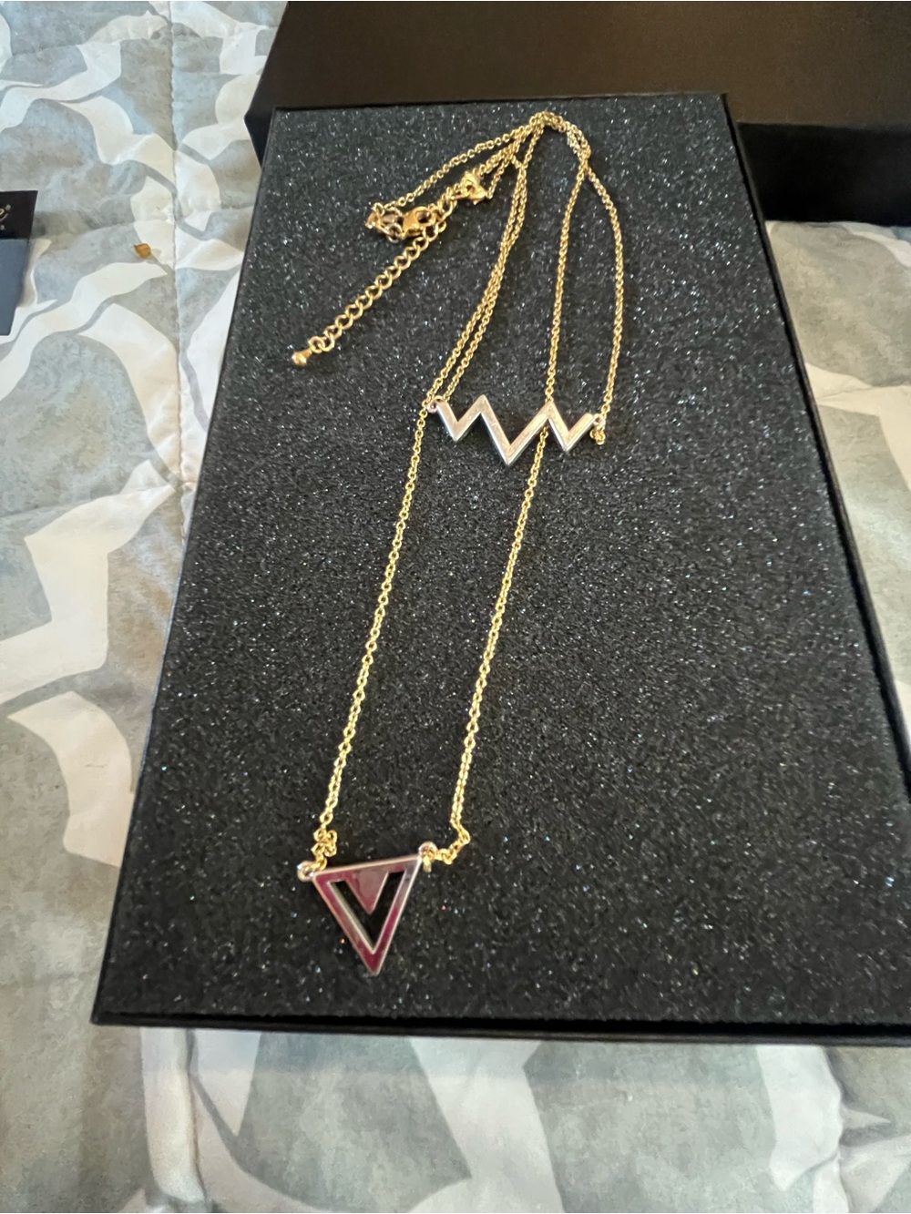 Park Lane Gold-Tone Double Layer Necklace with Pink Triangle and Zigzag Pendants